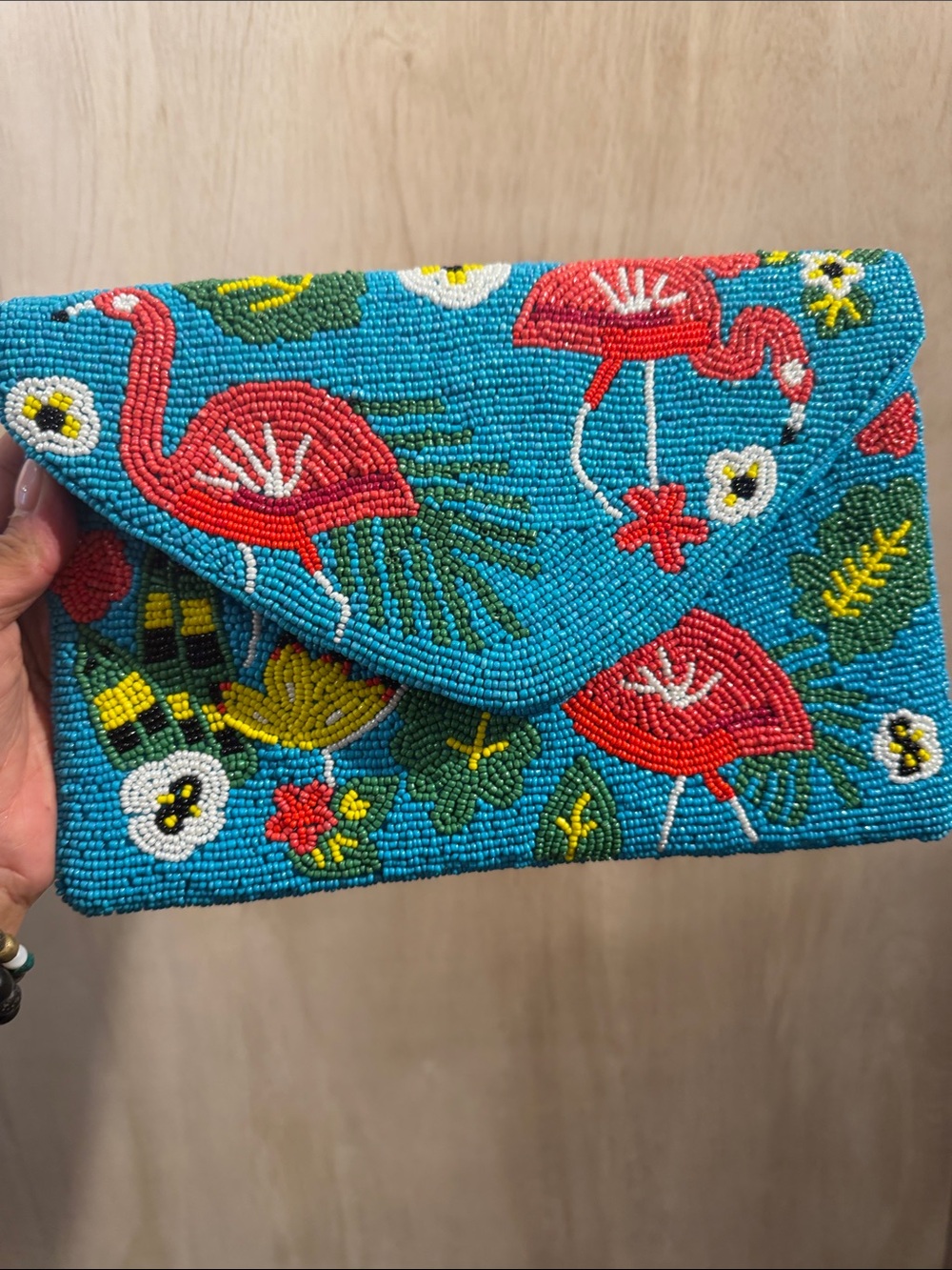Aratta Turquoise Beaded Flamingo Envelope Clutch